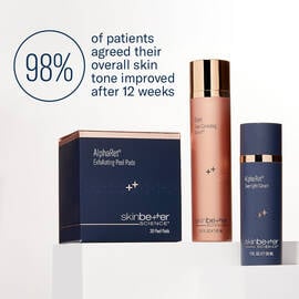 Three AlphaRet products with text that reads '98% of patients agreed their overall skin tone improved after 12 weeks'.